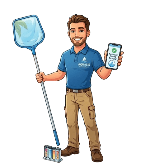 Technicien CristalBleu Services avec épuisette et téléphone affichant le rapport photo